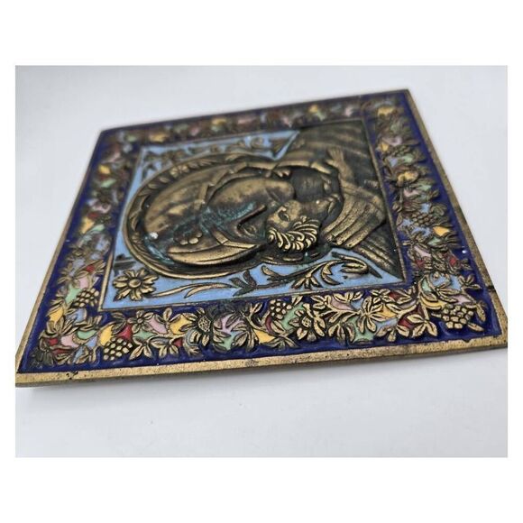 Antique 1800's Eastern Orthodox Enameled Bronze Mother of God Icon Wall Hanging - Picture 2 of 6